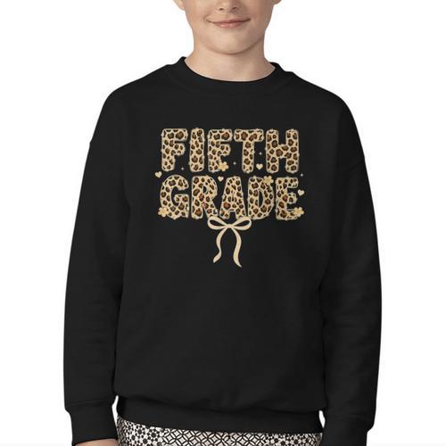 Fifth Grade Leopard Coquette Bow Back To School Women Girls Youth Crewneck Sweatshirt - Savourry