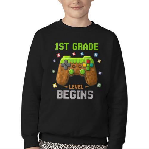 First Day Of 1st Grade Level Begins Back To School Boy Youth Crewneck Sweatshirt - Savourry
