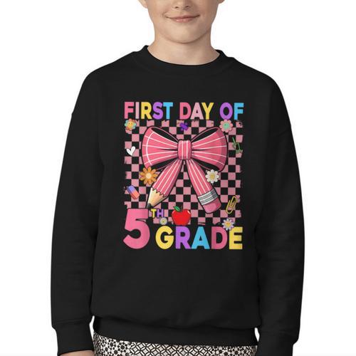 First Day Of 5th Grade Coquette Back To School Girls Kids Youth Crewneck Sweatshirt - Savourry