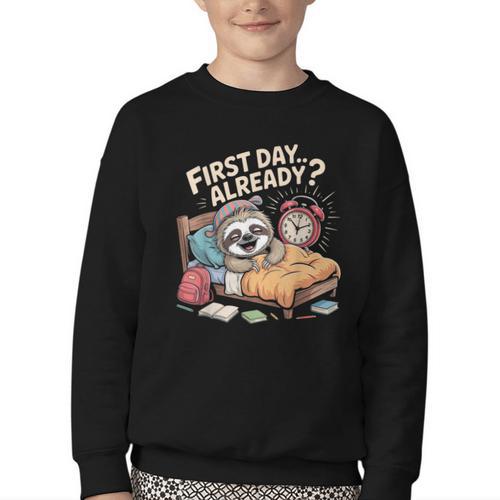First Day Already Sloth Alarm Clock Back To School Youth Crewneck Sweatshirt - Savourry