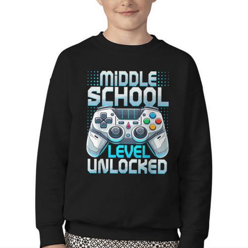 First Day Of Middle School Level Unlocked Back To School Youth Crewneck Sweatshirt - Savourry