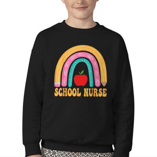 First Day Of School Nurse Back To School Rainbow Pencil Youth Crewneck Sweatshirt - Savourry
