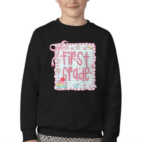 First Grade Coquette Bow Pink Preppy Back To School Girls Youth Crewneck Sweatshirt - Savourry