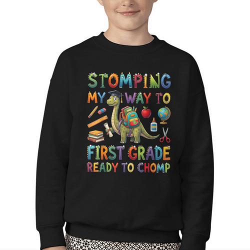 First Grade Graduation Dinosaur Dino Back To School Student Youth Crewneck Sweatshirt - Savourry