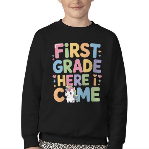 First Grade Here I Come Unicorn Back To School Youth Crewneck Sweatshirt - Savourry