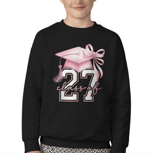 Girls Class Of 2027 Back To School Senior 2027 Coquette Bow Youth Crewneck Sweatshirt - Savourry