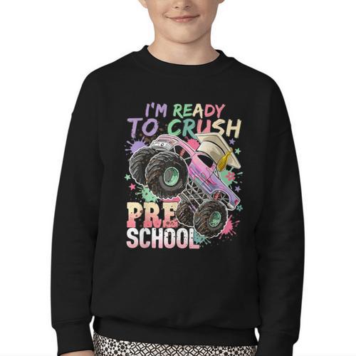 Girls Monster Trucks Ready To Crush Preschool Back To School Youth Crewneck Sweatshirt - Savourry