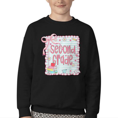 Girls Second Grade Coquette Bow Pink Preppy Back To School Youth Crewneck Sweatshirt - Savourry