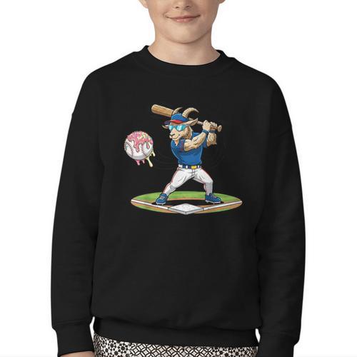 Goat Baseball Player With Bat And Ball Drip Animal Sports Youth Crewneck Sweatshirt - Sportilla