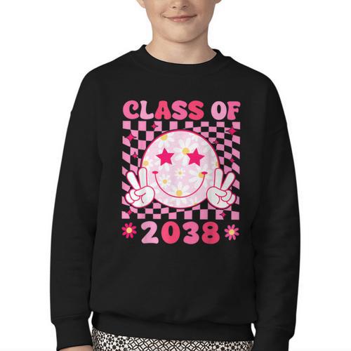 Groovy Class Of 2038 Grow With Me Smile Face Back To School Youth Crewneck Sweatshirt - Savourry