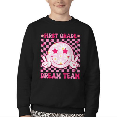 Groovy First Grade Dream Team Back To School 1st Grade Squad Youth Crewneck Sweatshirt - Savourry