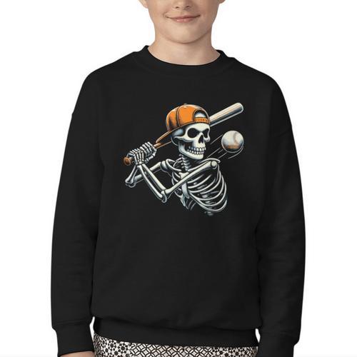 Halloween Boys Batting Skeleton Baseball Youth Crewneck Sweatshirt - Sportilla