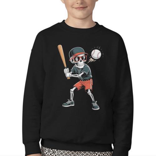 Halloween Skeleton Playing Baseball 67 Six Seven Meme Youth Crewneck Sweatshirt - Sportilla