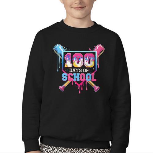 Happy 100 Days Of School Baseball Drip Theme Party 100th Day Youth Crewneck Sweatshirt - Sportilla