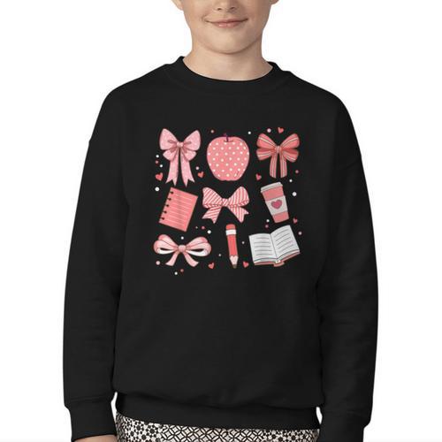 Happy Back To School 1st Day Toddler Girl Boho Coquette Bows Youth Crewneck Sweatshirt - Savourry