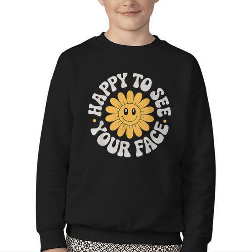 Happy Face Daisy Flower Retro Back To School Cute Graphic Youth Crewneck Sweatshirt - Savourry
