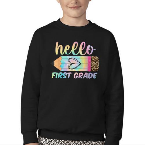 Hello First Grade Back To School Pencil Tie Dye 1st Grade Youth Crewneck Sweatshirt - Savourry
