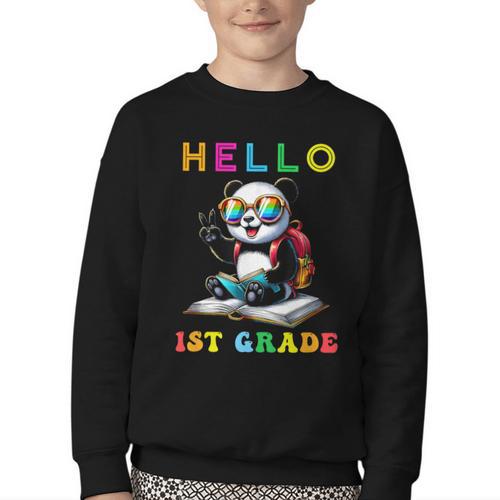 Hello First Grade Panda Lover Back To School Kids Boys Girls Youth Crewneck Sweatshirt - Savourry