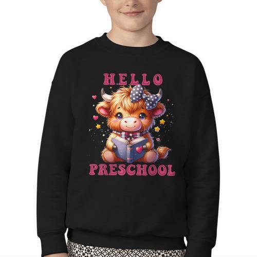 Hello Preschool Cute Highland Cow Lover Back To School Youth Crewneck Sweatshirt - Savourry
