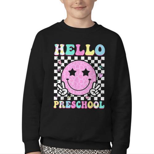 Hello Preschool Groovy Back To School Pre-K Team Girls Kids Youth Crewneck Sweatshirt - Savourry