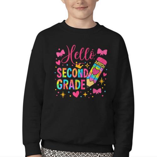 Hello Second Grade Colorful Pencil Tie Dye Back To School Youth Crewneck Sweatshirt - Savourry