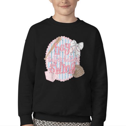 Hey Batter Batter Swing Baseball Game Day Coquette Bow Girly Youth Crewneck Sweatshirt - Sportilla