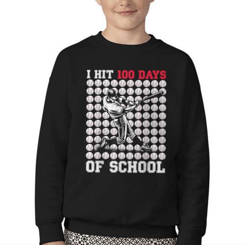 I Hit 100 Days Of School Baseball 100th Day Boys Kids Youth Crewneck Sweatshirt - Sportilla