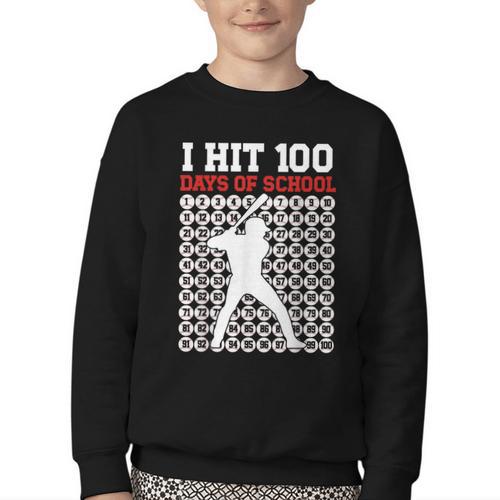 I Hit 100 Days Of School Baseball 100 Day Of School Youth Crewneck Sweatshirt - Sportilla