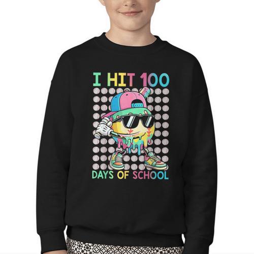 I Hit 100 Days Of School Baseball Drip 100th Day Of School Youth Crewneck Sweatshirt - Sportilla