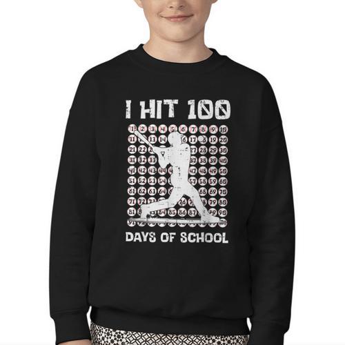 I Hit 100 Days Of School Baseball Player 100th Day Boys Kids Youth Crewneck Sweatshirt - Sportilla