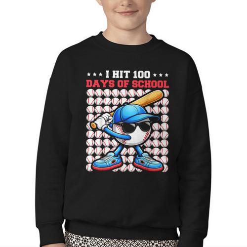I Hit 100 Days Of School Baseball Player Kids Boys Son Youth Crewneck Sweatshirt - Sportilla