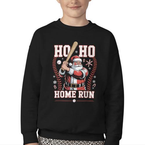 Ho Ho Home Run Baseball Christmas Holiday Sports Santa Youth Crewneck Sweatshirt - Sportilla