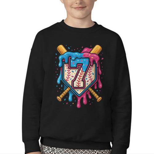 HUGvyn 7th Birthday Baseball Ice Cream Drip Number 7 Kid Boy Youth Crewneck Sweatshirt - Sportilla