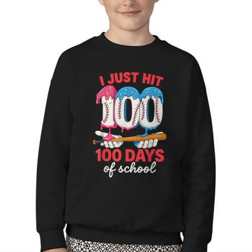 HUGvyn I Just Hit 100 Days Of School Baseball Ice Cream Boys Youth Crewneck Sweatshirt - Sportilla