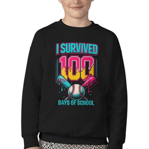 HUGvyn I Survived 100 Days Baseball Teacher Ice Cream Drip Youth Crewneck Sweatshirt - Sportilla