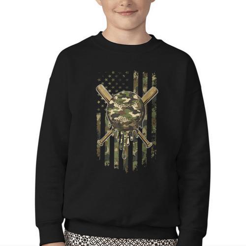 Ice Cream Baseball Drip For Boys Camo USA Flag Camouflage Youth Crewneck Sweatshirt - Sportilla