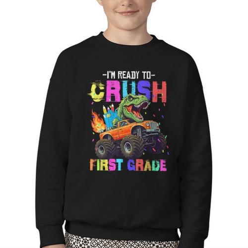 I'm Ready To Crush First Grade Dinosaur Truck Back To School Youth Crewneck Sweatshirt - Savourry