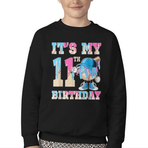 It's My 11th Birthday Baseball Ice Cream Drip Theme Youth Crewneck Sweatshirt - Sportilla