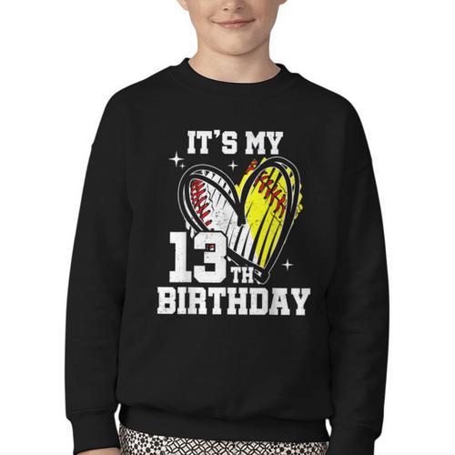 It's My 13th Birthday Baseball Softball Heart 13 Year Old Youth Crewneck Sweatshirt - Sportilla