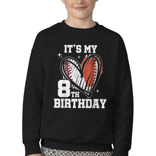 It's My 8th Birthday Baseball Football Heart 8 Year Old Youth Crewneck Sweatshirt - Sportilla