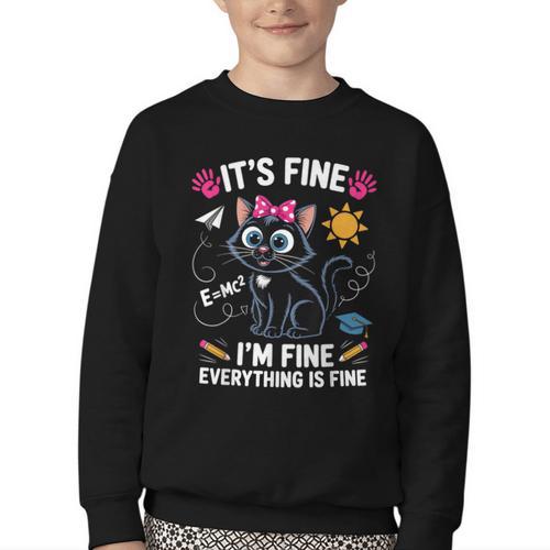 It's Fine I'm Fine Everything Is Fine Cat Back To School Youth Crewneck Sweatshirt - Savourry