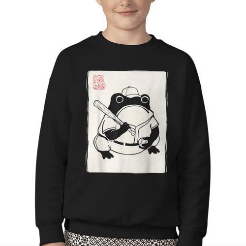 Japanese Grumpy Frog Baseball Player Baseball Youth Crewneck Sweatshirt - Sportilla