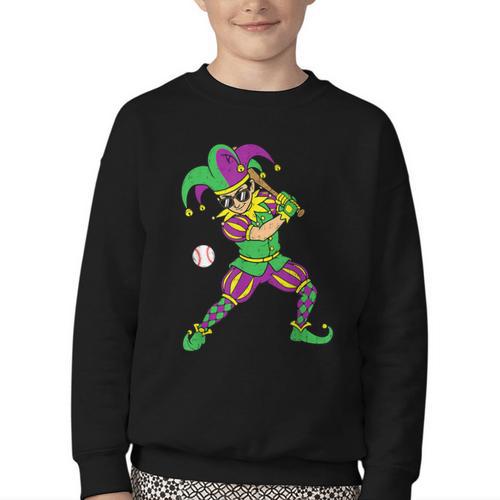 Jester Baseball Mardi Gras Carnival Sport Men Boy Teen Kids Youth Crewneck Sweatshirt - Sportilla