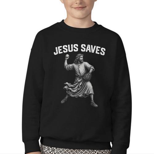 Jesus Saves Shirt Religious Christian Faith Baseball Youth Crewneck Sweatshirt - Sportilla