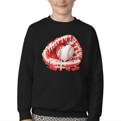 Kid Drip Ice Cream Baseball Heart Catcher Valentines Day Boy Youth Crewneck Sweatshirt - Sportilla