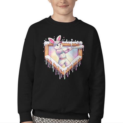 Kids Happy Easter Bunny Playing Baseball Boy Ice Cream Drip Youth Crewneck Sweatshirt - Sportilla