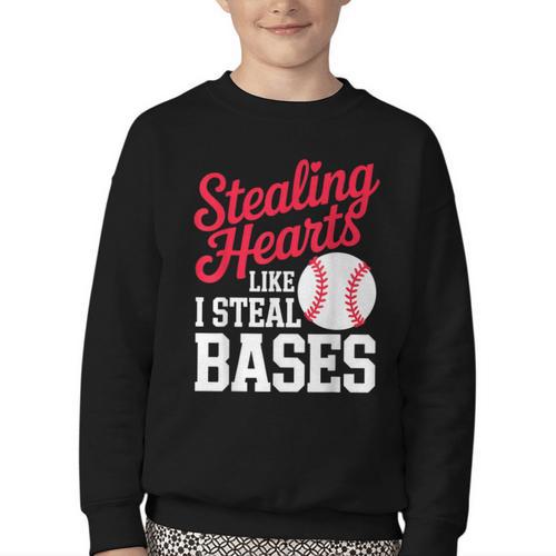 Kids Stealing Hearts Cute Baseball Boys Youth Crewneck Sweatshirt - Sportilla