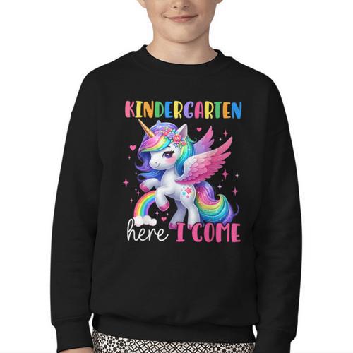 Kindergarten Here I Come Unicorn Girls Kids Back To School Youth Crewneck Sweatshirt - Savourry