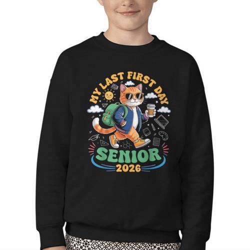 My Last First Day Senior 2026 Cat Back To School Youth Crewneck Sweatshirt - Savourry