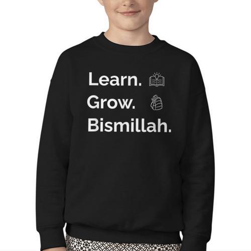 Learn Grow Bismillah – Islamic Back To School Youth Crewneck Sweatshirt - Savourry